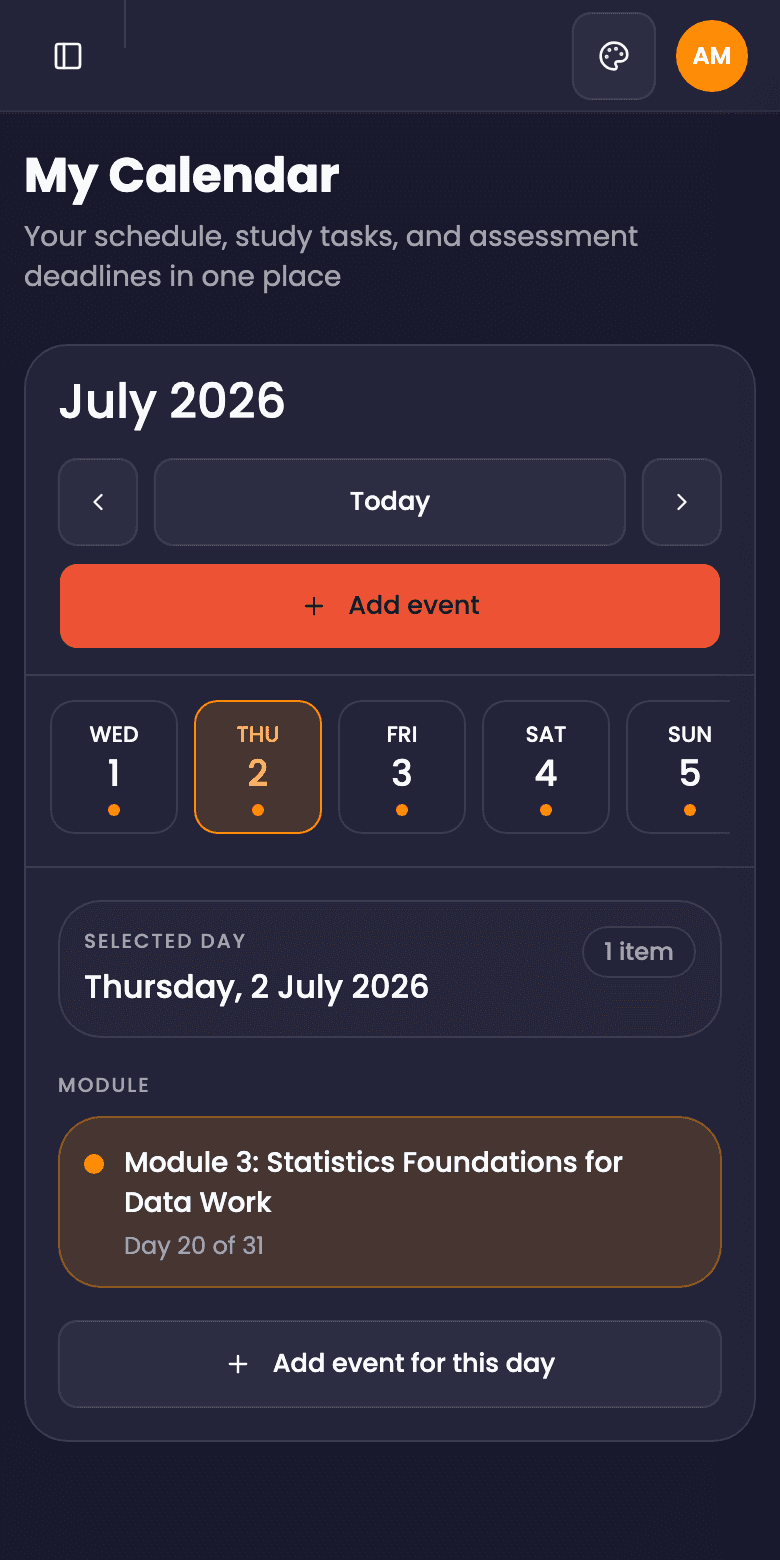 The TVMC study calendar on a phone